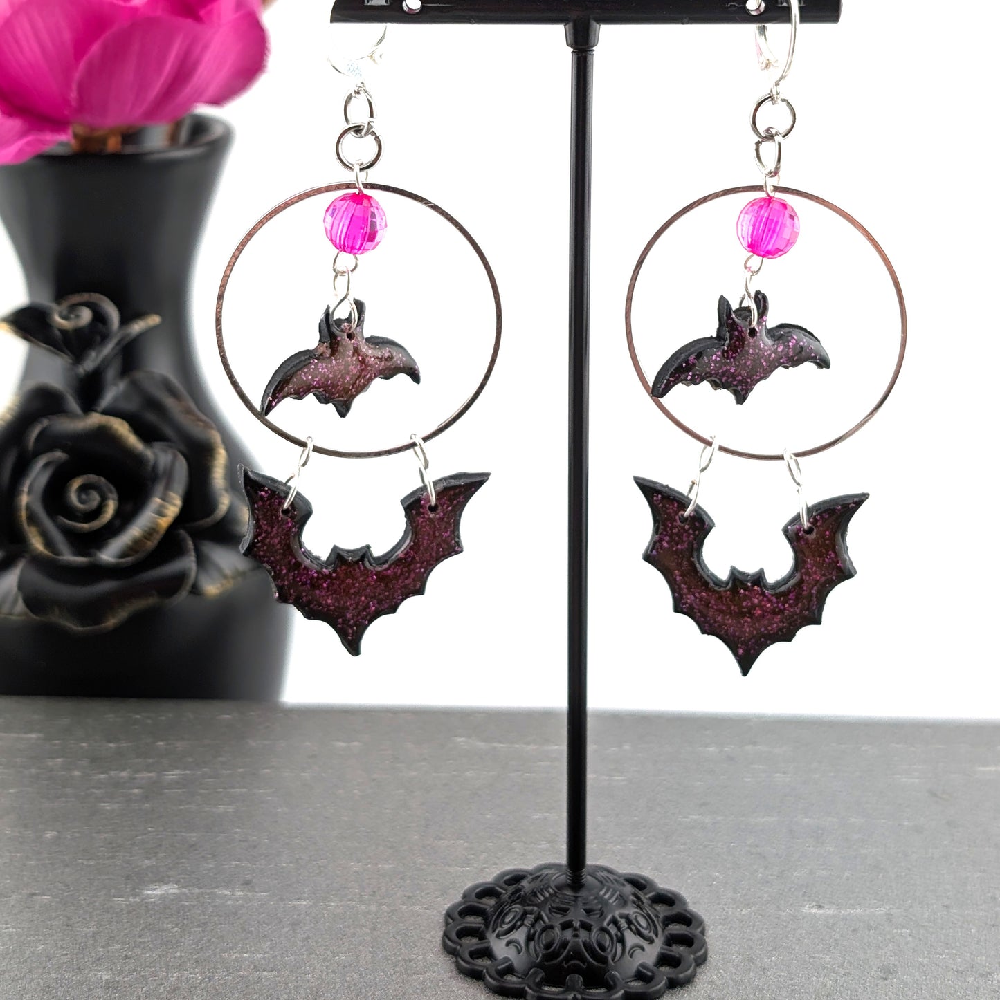 Gothic Bat Earrings | pink | Handmade Polymer Clay | Halloween Jewelry
