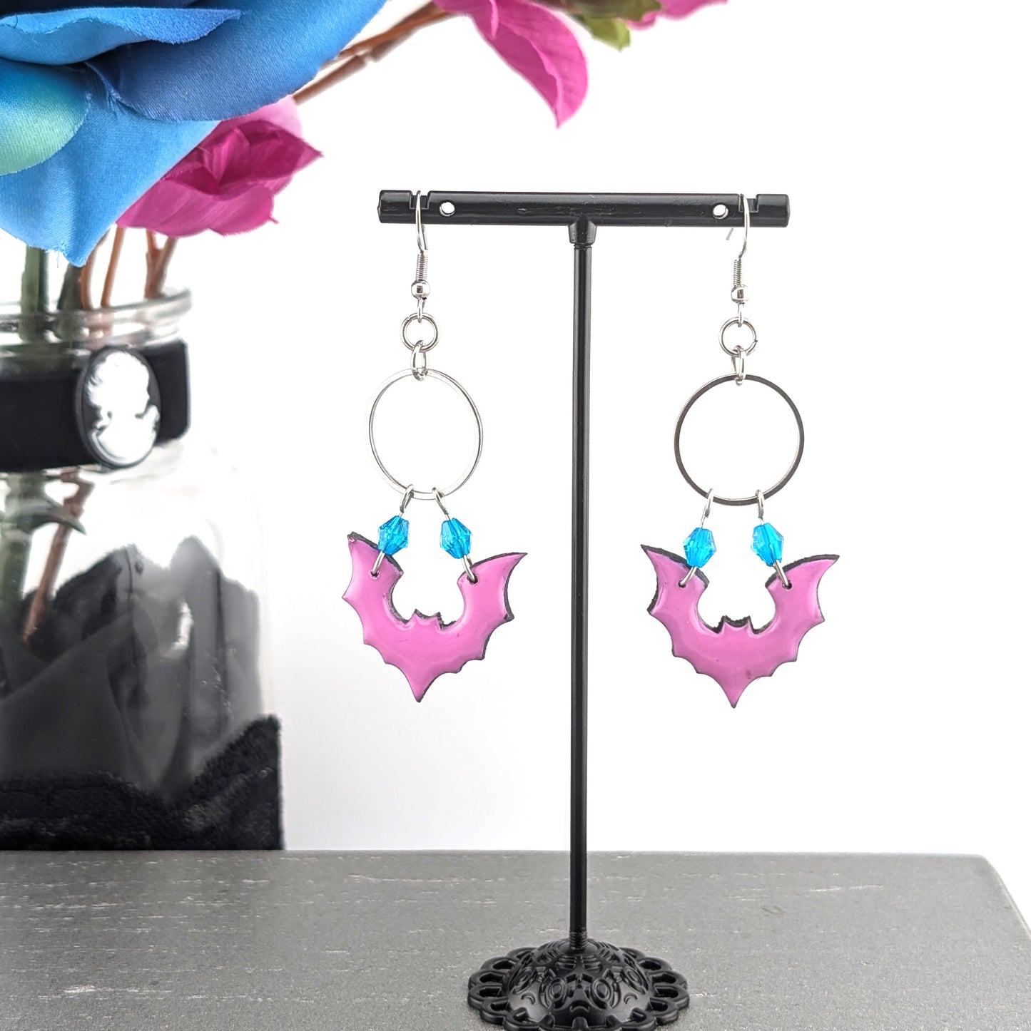 Kawaii Goth Bat Earrings | Spooky Kawaii | Halloween Jewelry | Pink and Purple