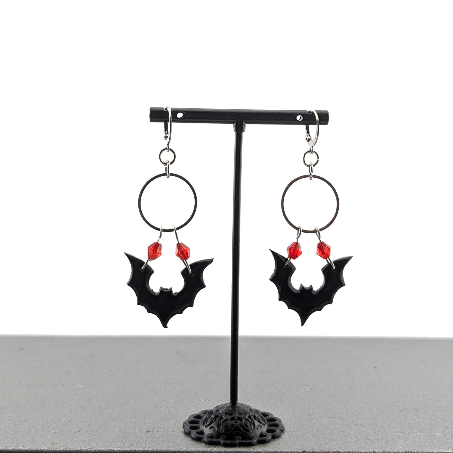 Gothic Dangle Black Bat Earrings | Red Crystal Accents