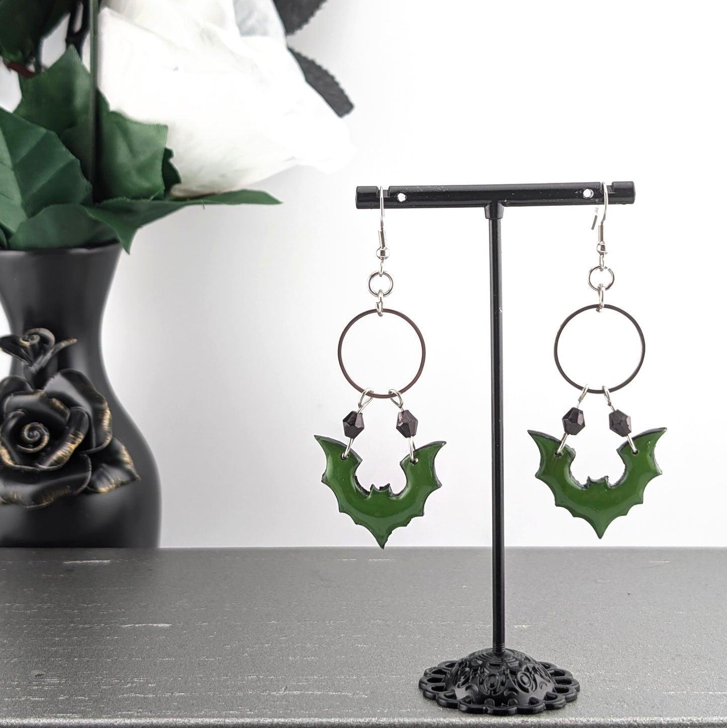 Gothic Dangle Green Bat Earrings | Black Crystal Accents