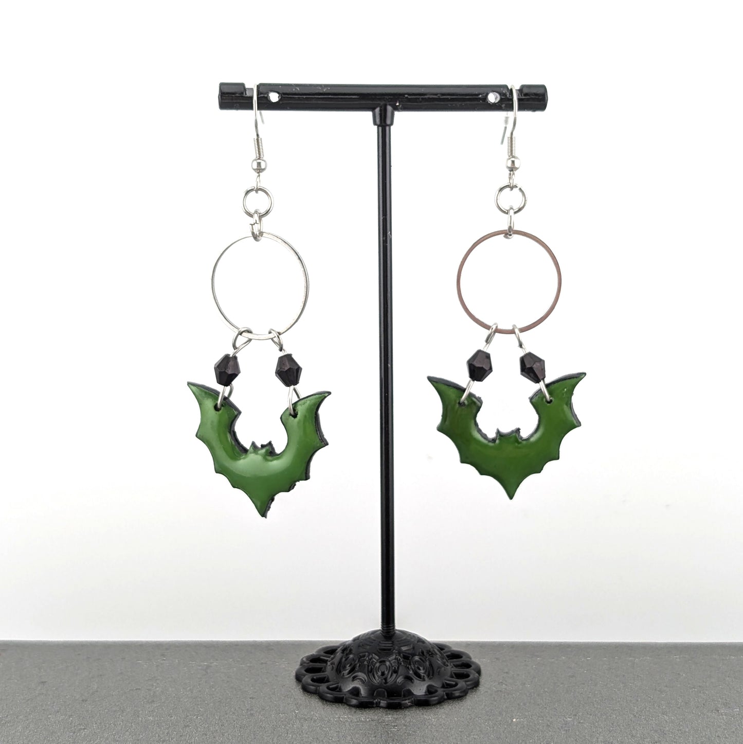 Gothic Dangle Green Bat Earrings | Black Crystal Accents