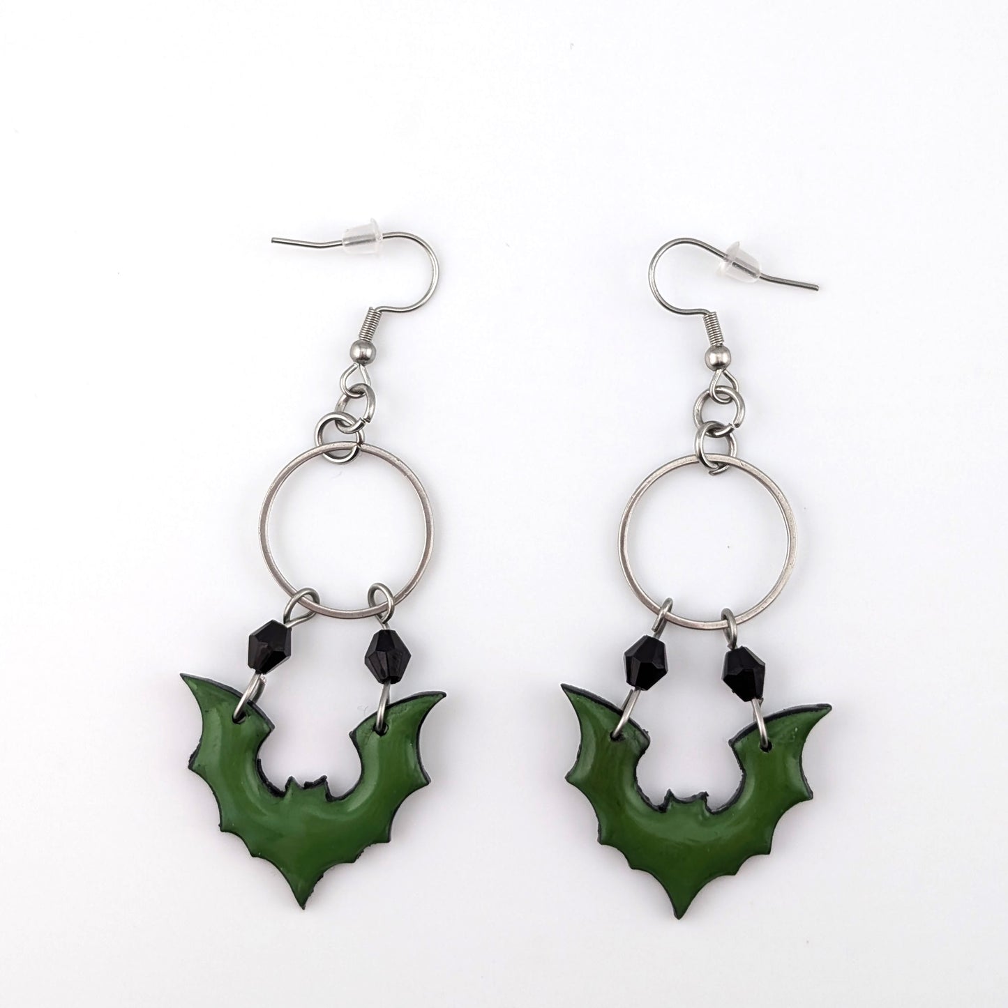 Gothic Dangle Green Bat Earrings | Black Crystal Accents