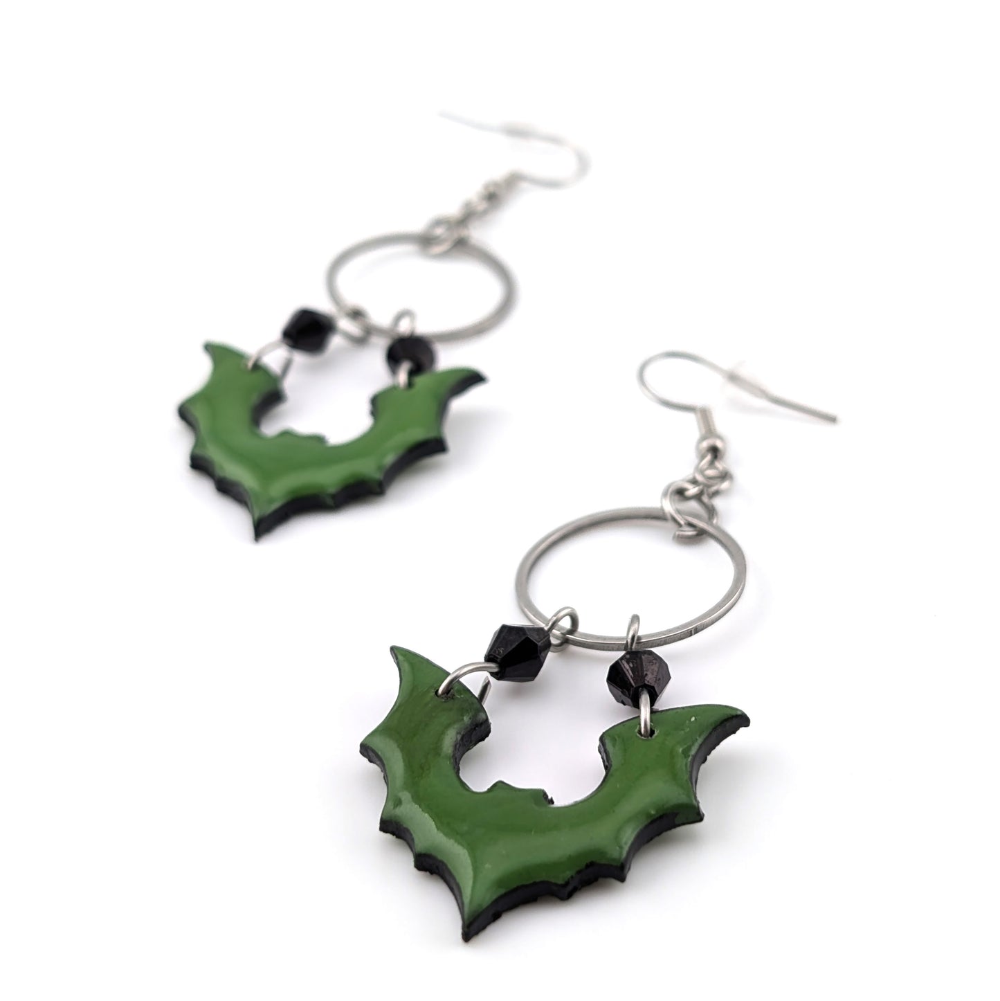 Gothic Dangle Green Bat Earrings | Black Crystal Accents