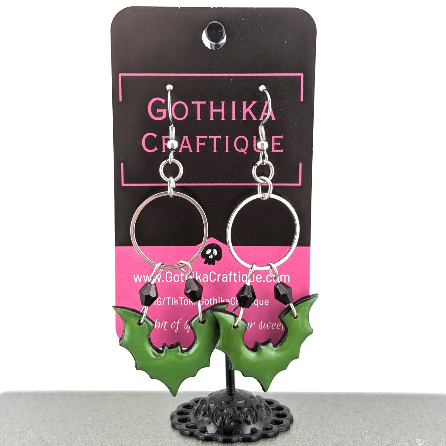Gothic Dangle Green Bat Earrings | Black Crystal Accents