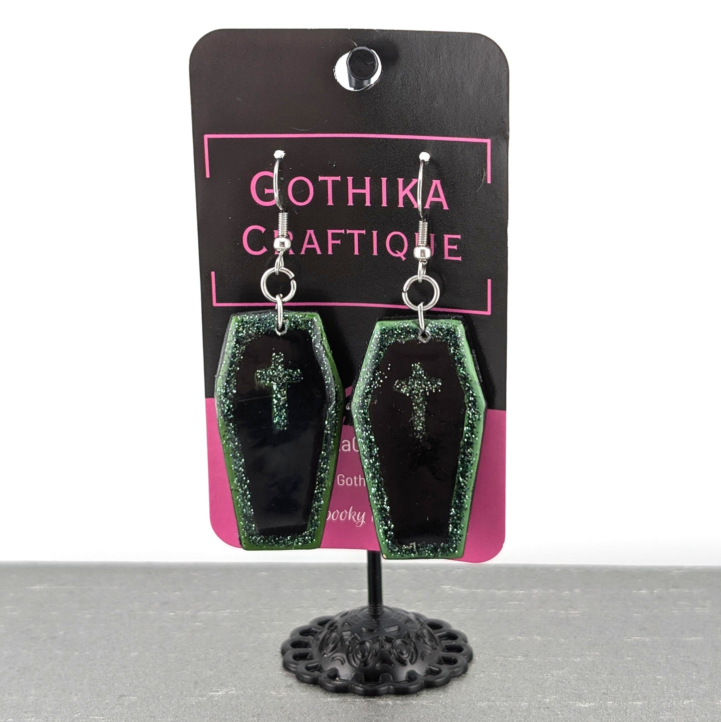 Gothic Coffin Dangle Earrings | Green Glitter Accents