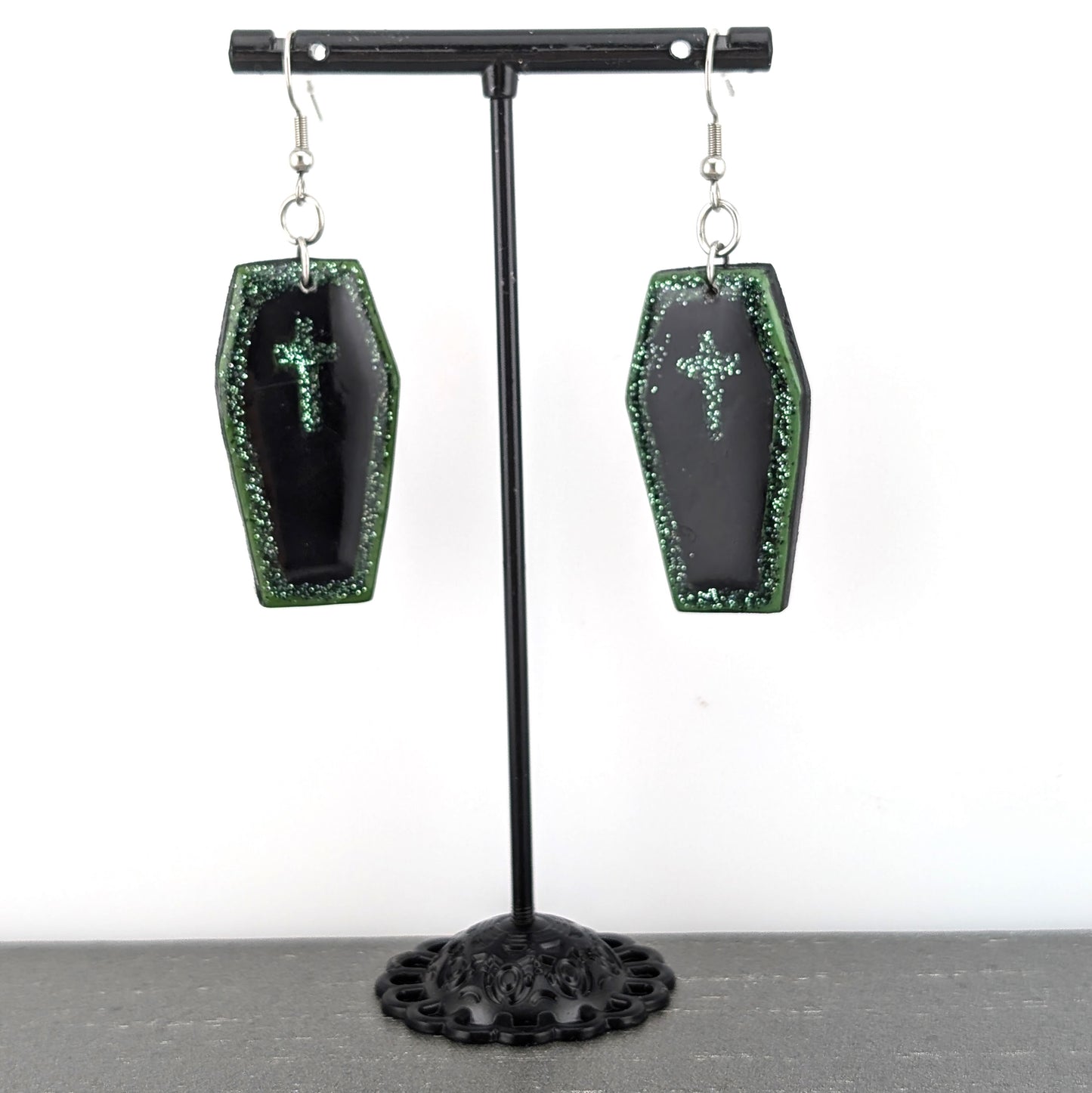 Gothic Coffin Dangle Earrings | Green Glitter Accents