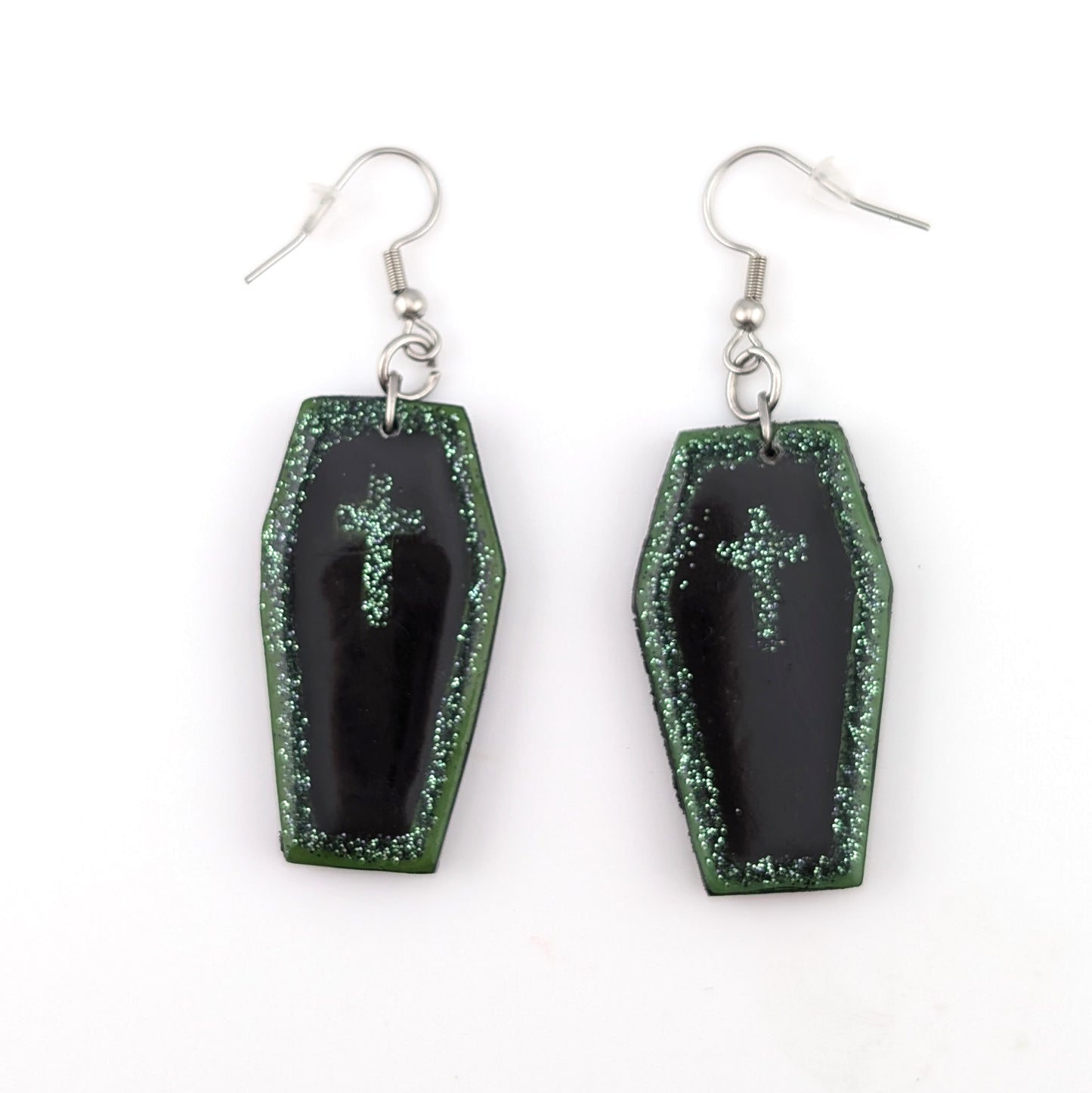 Gothic Coffin Dangle Earrings | Green Glitter Accents