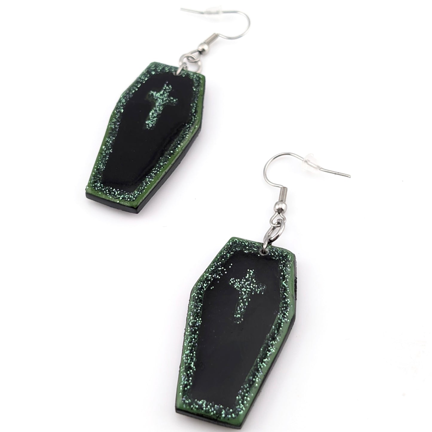 Gothic Coffin Dangle Earrings | Green Glitter Accents