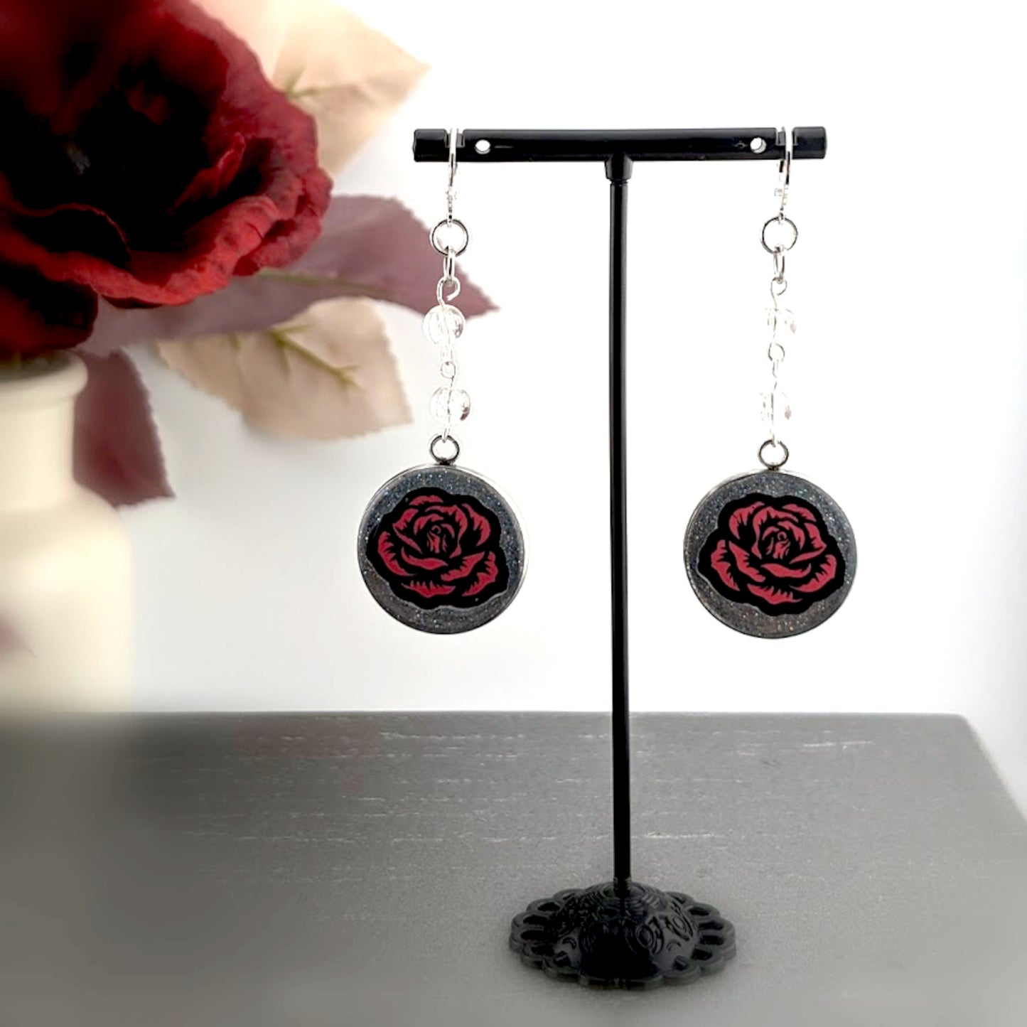 Red Rose Dangle Earrings | Silver Glitter | Gothic