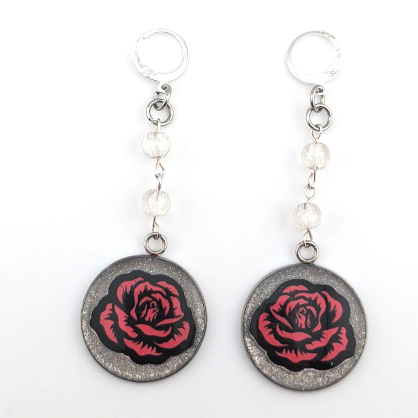 Red Rose Dangle Earrings | Silver Glitter | Gothic