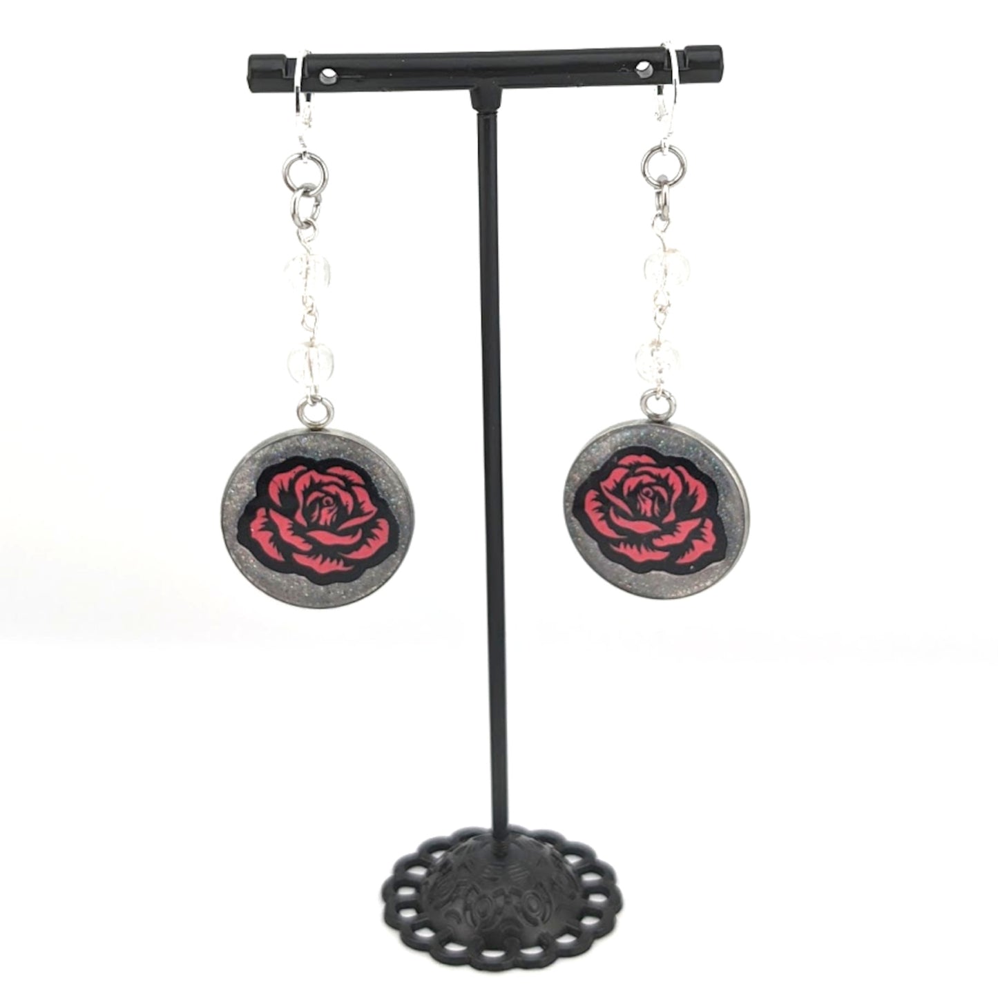 Red Rose Dangle Earrings | Silver Glitter | Gothic