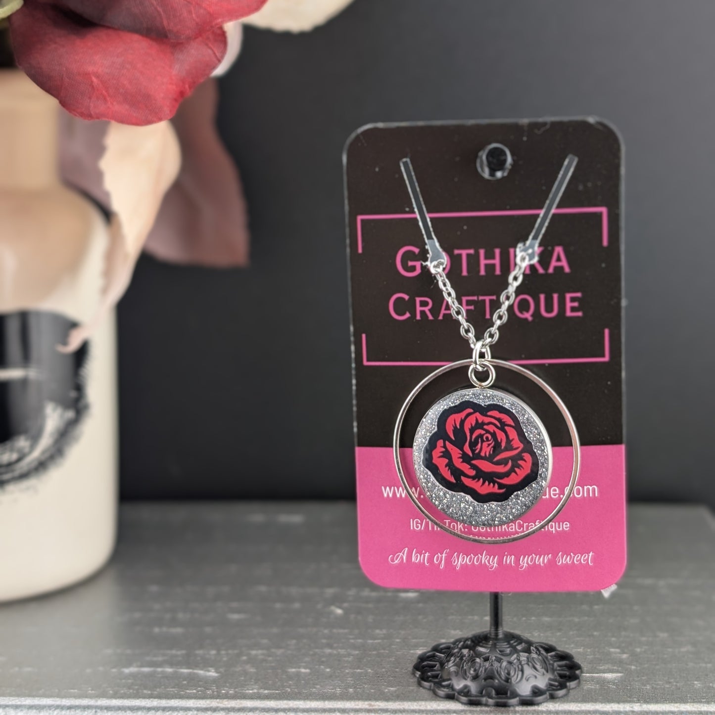 Red Rose & Silver Glitter Necklace - 18 Inch - Stainless Steel