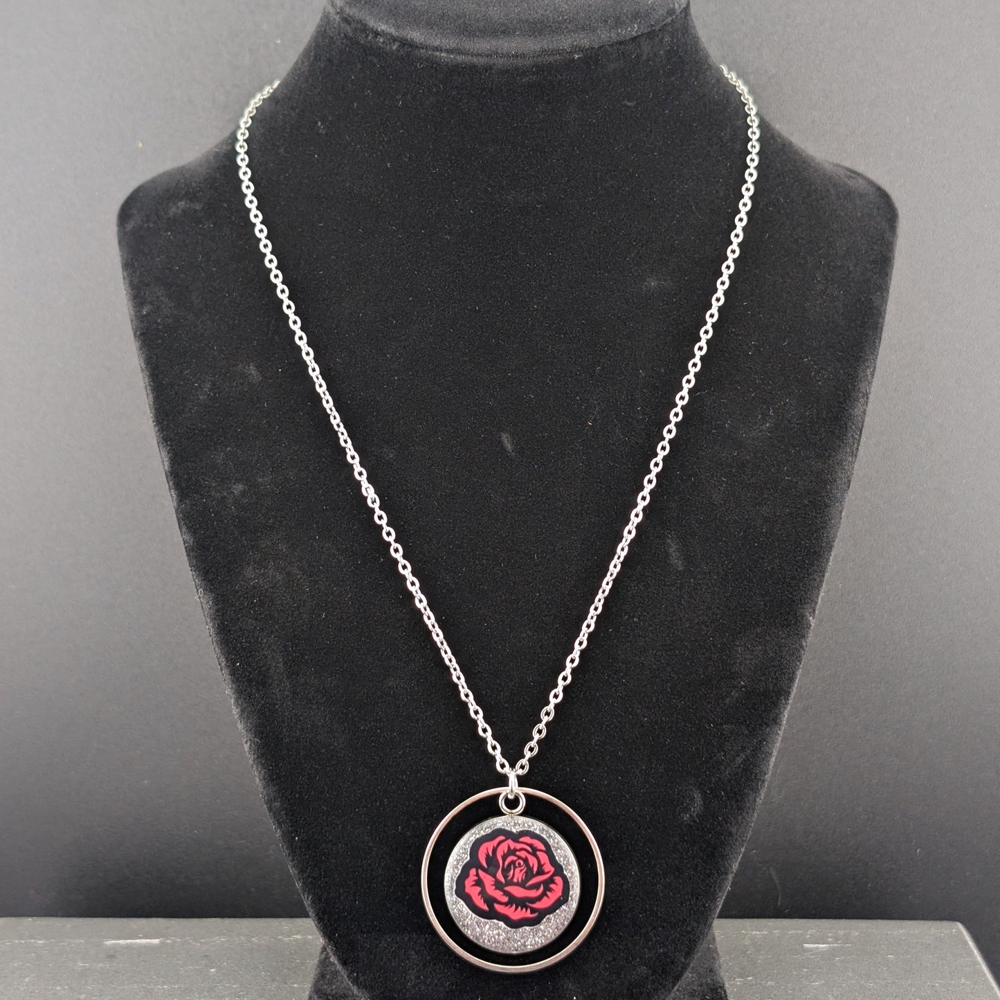 Red Rose & Silver Glitter Necklace - 18 Inch - Stainless Steel