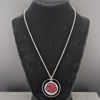 Red Rose & Silver Glitter Necklace - 18 Inch - Stainless Steel