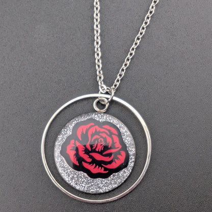 Red Rose & Silver Glitter Necklace - 18 Inch - Stainless Steel