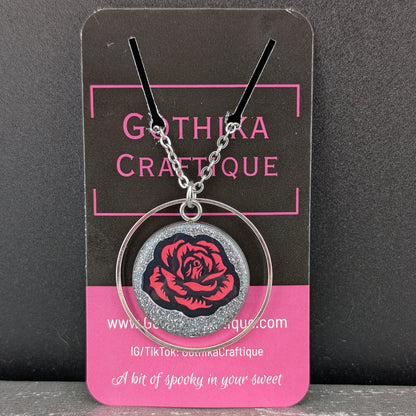 Red Rose & Silver Glitter Necklace - 18 Inch - Stainless Steel